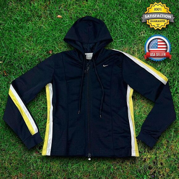 Nike WOMENS SM Lightweight Mesh Hooded Jacket Side Stripe Full Zip Navy Blue EUC - Picture 1 of 14